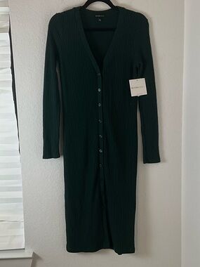 Beyond Yoga Forest Green Ribbed Button-Front Long Sleeve Dress S